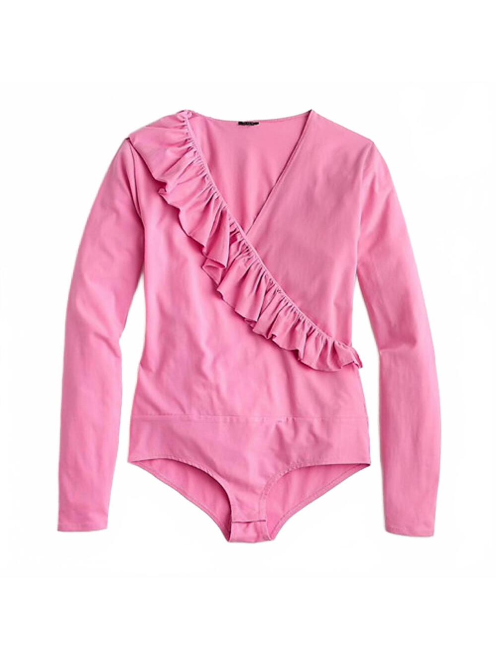 NWT J.Crew Women's Deep Blossom Pink Ruffle-Front Wrap Bodysuit One-Piece M
